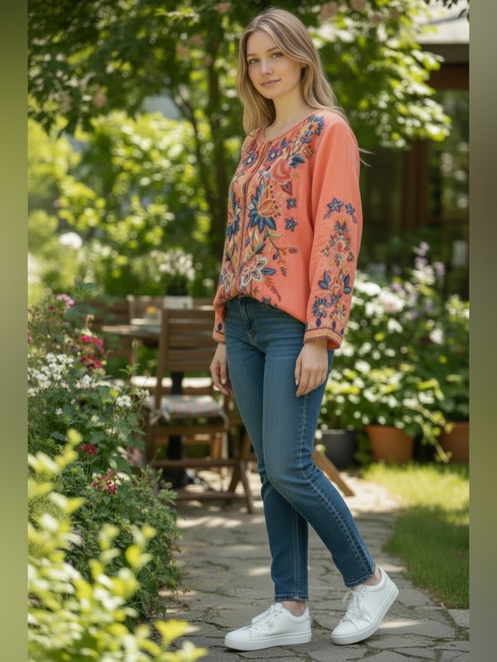 Johnny Was Coral Embroidered Peasant Blouse